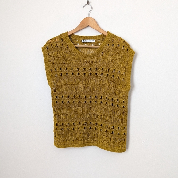 Zara Mustard Yellow Open Knit Crochet Sleeveless Lightweight Vest Tank Top - Picture 2 of 6